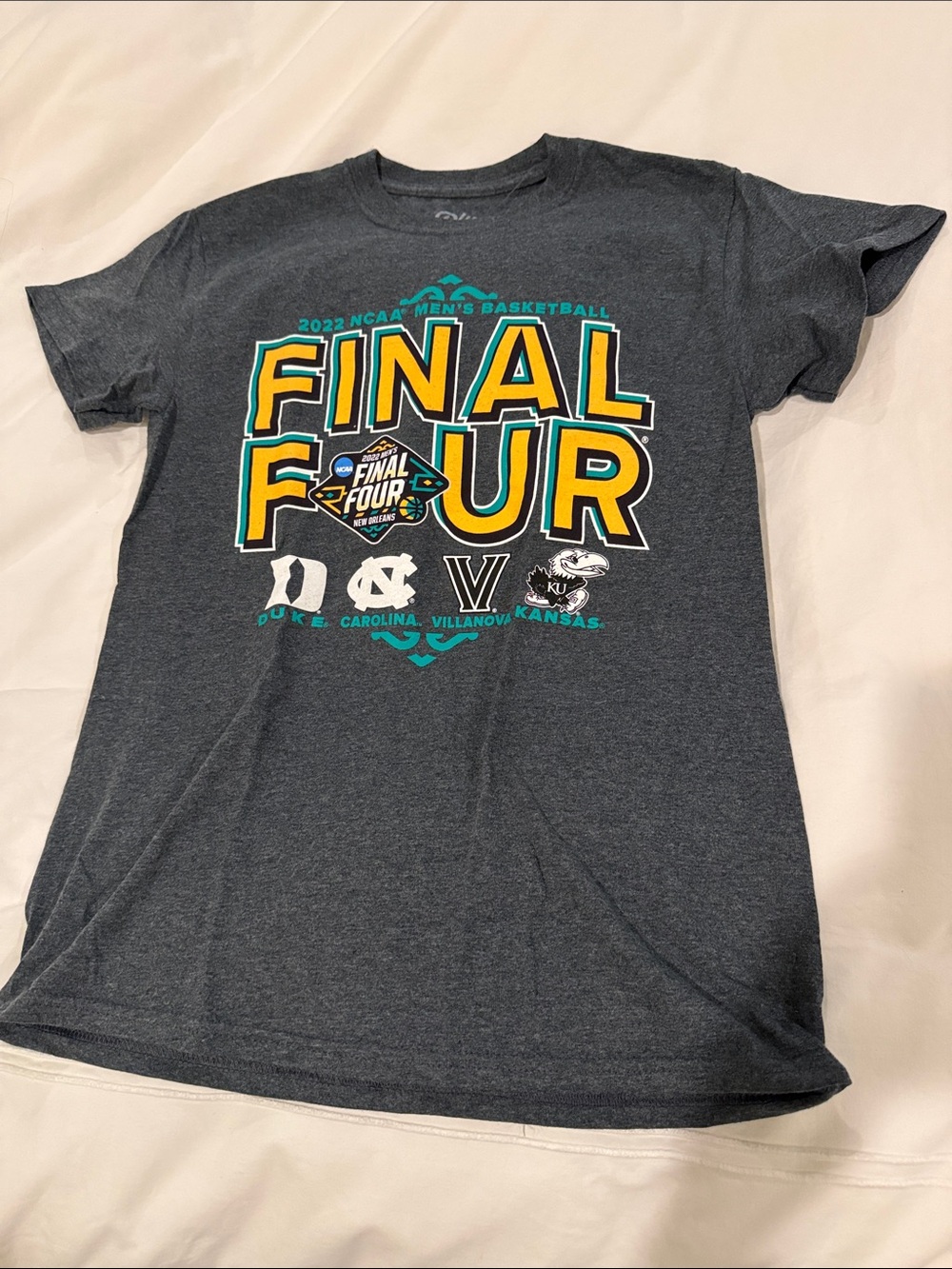 Blue 84 Dark Heather Gray Tee with Teal & Yellow Print